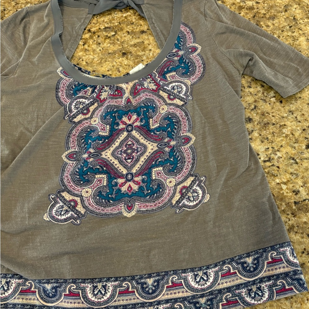 Anthropologie Gray and Blue Patterned Blouse